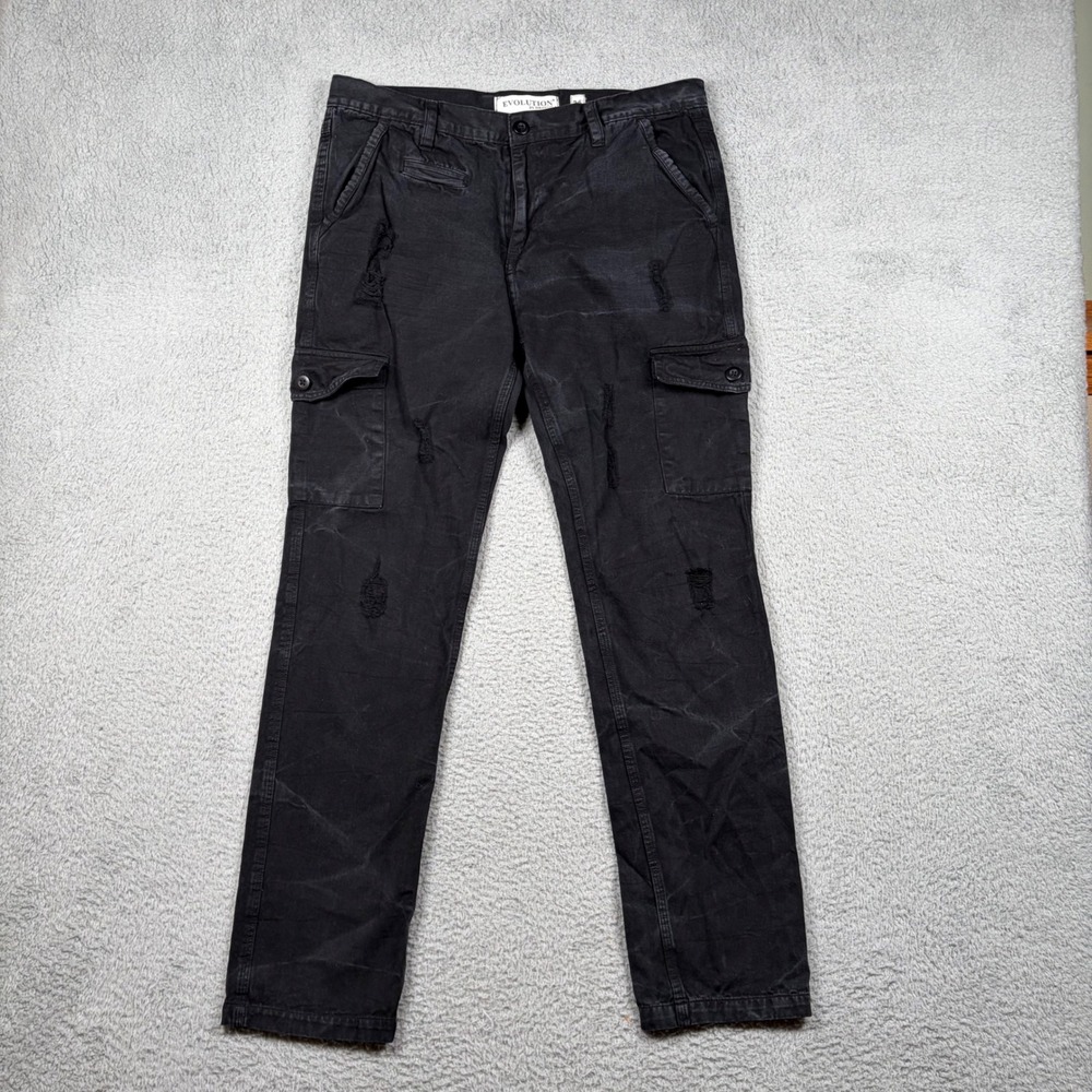 Evolution In Design Mens Distressed Cargo Pants Black Cotton Utility 34x32 Y2K